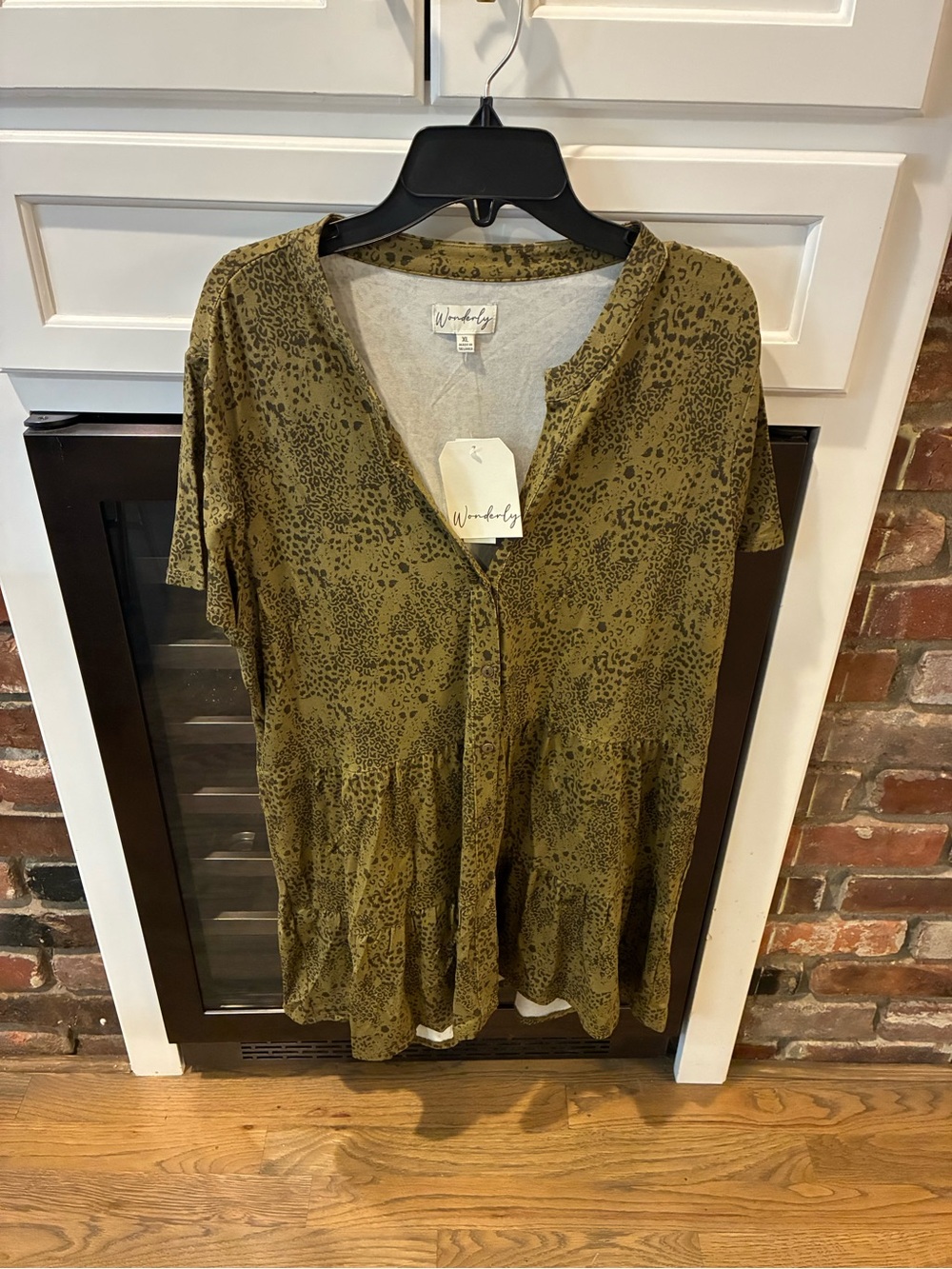 Wonderly Olive Green Short Sleeve Peplum Tunic with Subtle Spot Print